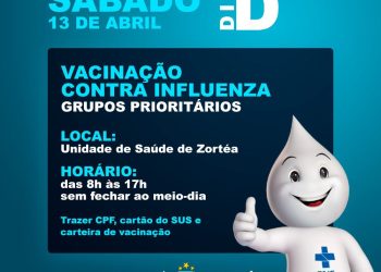 A Prefeitura de Zortéa, por meio da Secretaria de Saúde, promove no próximo dia 13 de abril, o Sábado D, para imunização contra a Influenza.